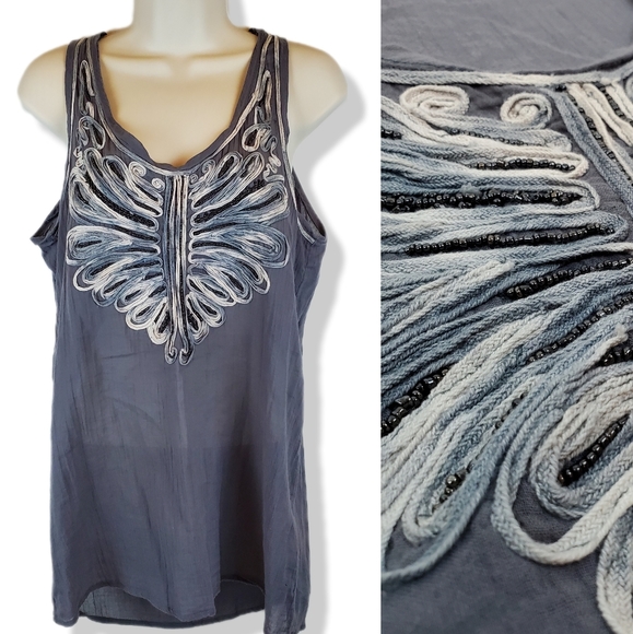 Zara Tops - Zara Basic Abstract Trim Beaded Gray Tank Top Shirt Size S Bohemian Oversized